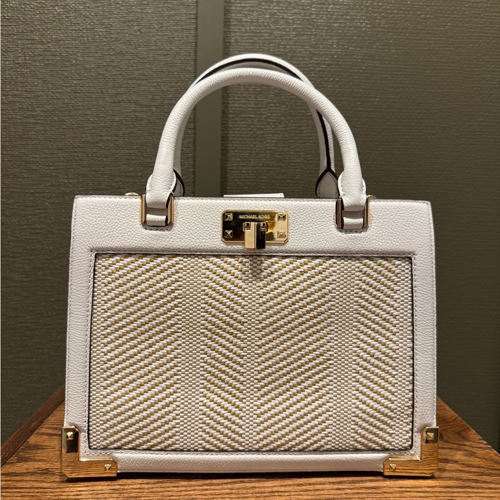 (BARELY WORN) Michael Kors Kinsley MD Accordion Leather & Straw Weaved Satchel